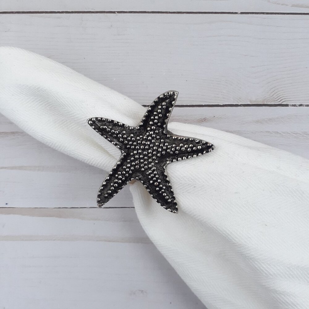 Metal Napkin Rings Starfish Nautical Cast Brass Antique Silver Finish Set of 4